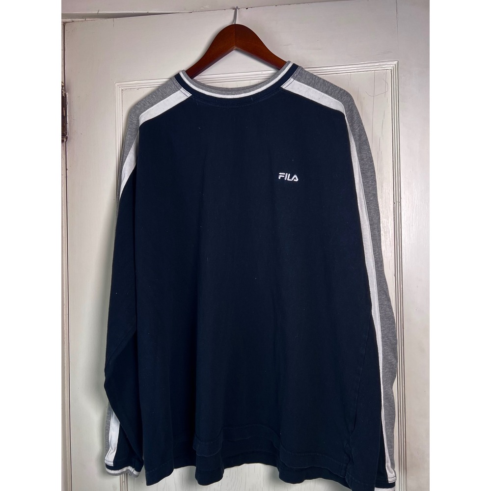 Fila Mens X Large Sweatshirt Navy Gray White Stripe Long Sleeve Crewneck